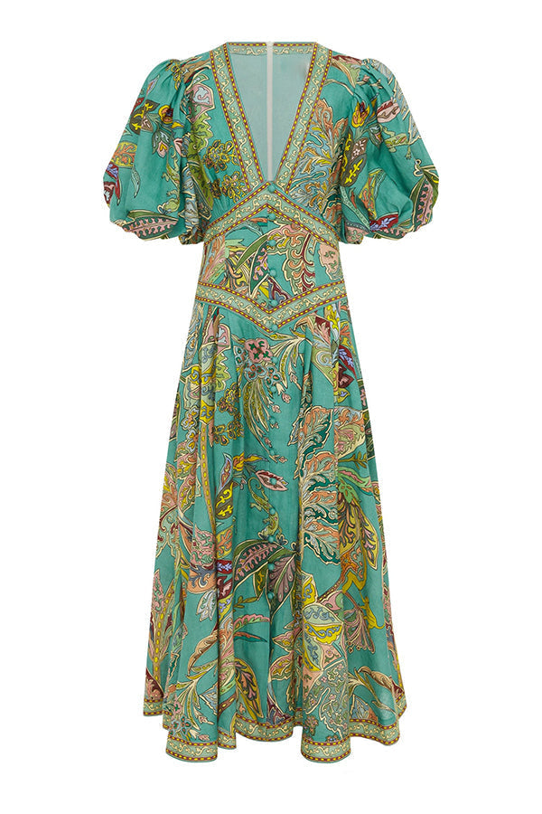 Robe longue en lin mélangé à manches bouffantes avec poches