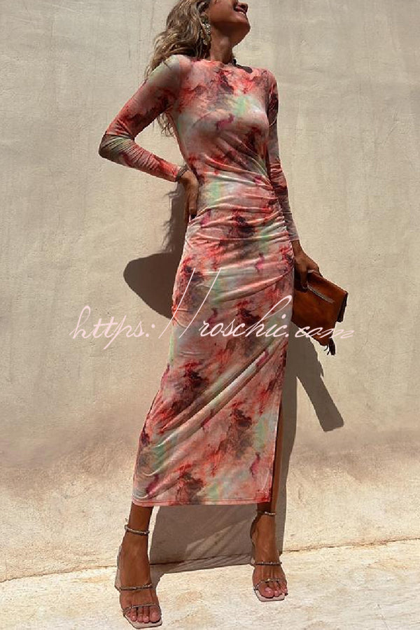 Mesh Overlay Tie Dye Long Sleeve Ruched Midi Dress