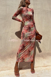 Mesh Overlay Tie Dye Long Sleeve Ruched Midi Dress