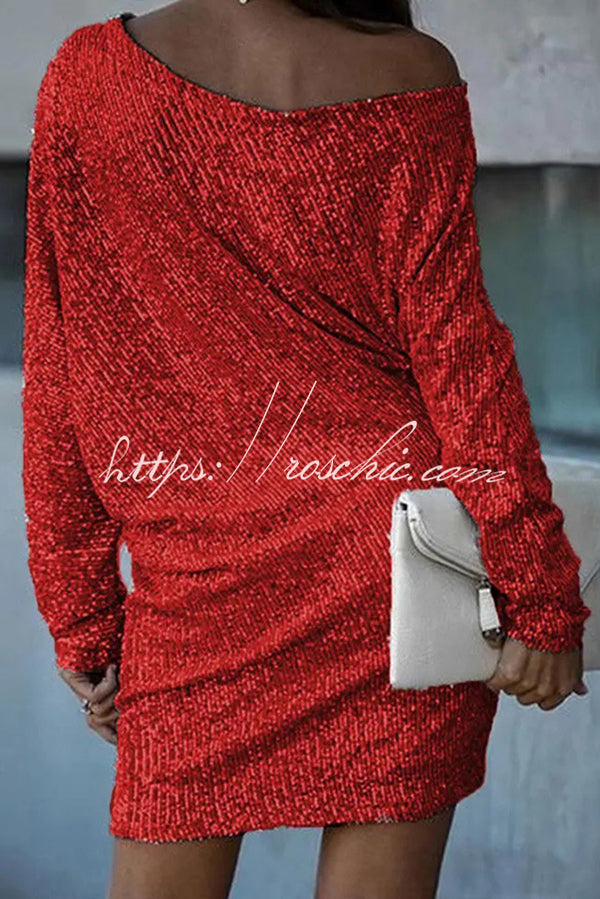 Sequined Off-Shoulder Mini Dress – Loose Fit Vacation Style