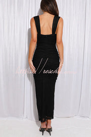 Sweetheart Neck Mesh Ruched Maxi Dress – Sleeveless Party Wear