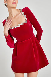 Black Velvet Mini Dress with Jeweled Trim & Long Sleeves