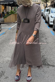 Knit & Tulle Two-Piece Midi Dress Set with Long Sleeve Top