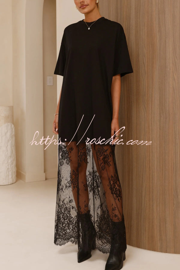 Lace Hem Maxi Dress – Loose Fit Short Sleeve Vacation Dress
