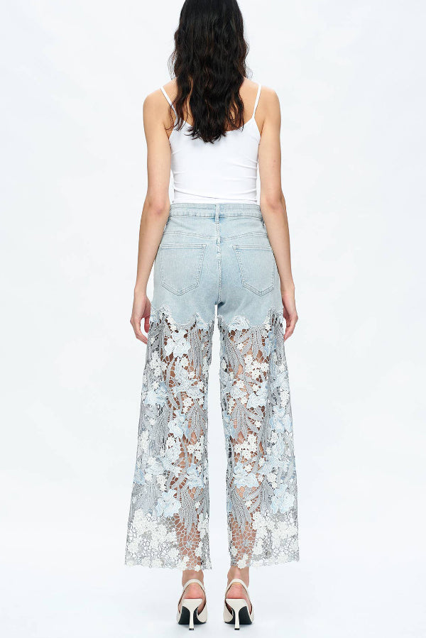 Lace Openwork Straight-Leg Jeans with Pockets