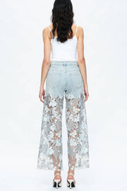 Lace Openwork Straight-Leg Jeans with Pockets