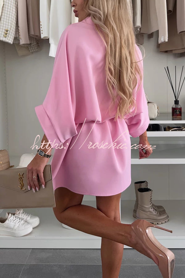 Loose Batwing Sleeve Belted Mini Dress – Solid Color