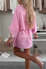 Loose Batwing Sleeve Belted Mini Dress – Solid Color