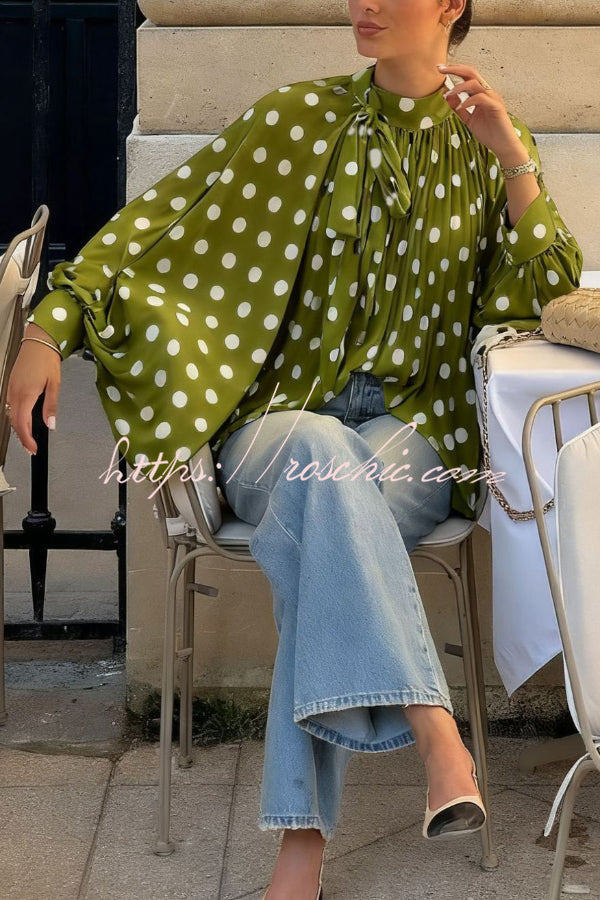 Polka Dot Lantern Sleeve Tie-Waist Loose Shirt