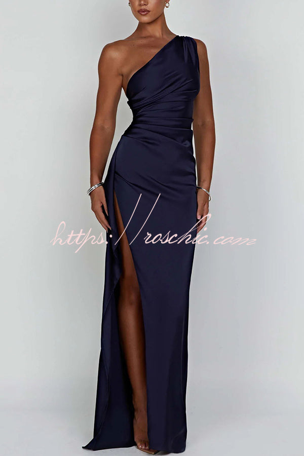 Satin One Shoulder Maxi Dress with Thigh-High Slit