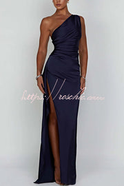 Satin One Shoulder Maxi Dress with Thigh-High Slit