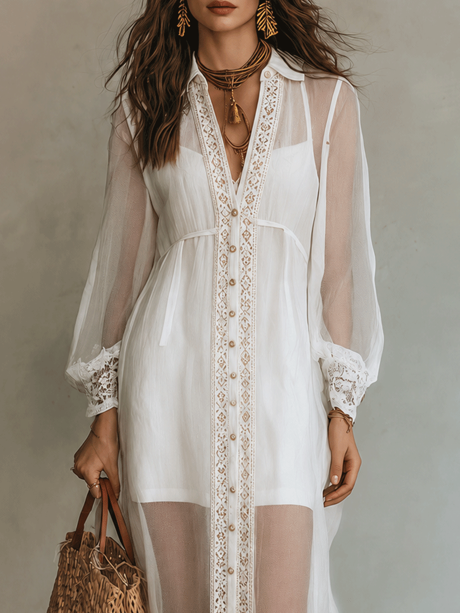 Pearl White Lace Midi Dress with Button-Front Detail