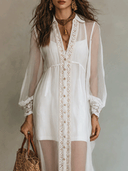 Pearl White Lace Midi Dress with Button-Front Detail
