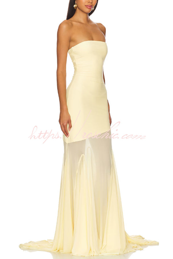 Off-Shoulder Mesh Panel Sleeveless Fitted Maxi Dress