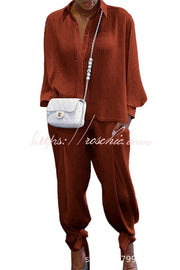 Cotton Blend Shirt Collar Top and Pant Set – Loose Fit