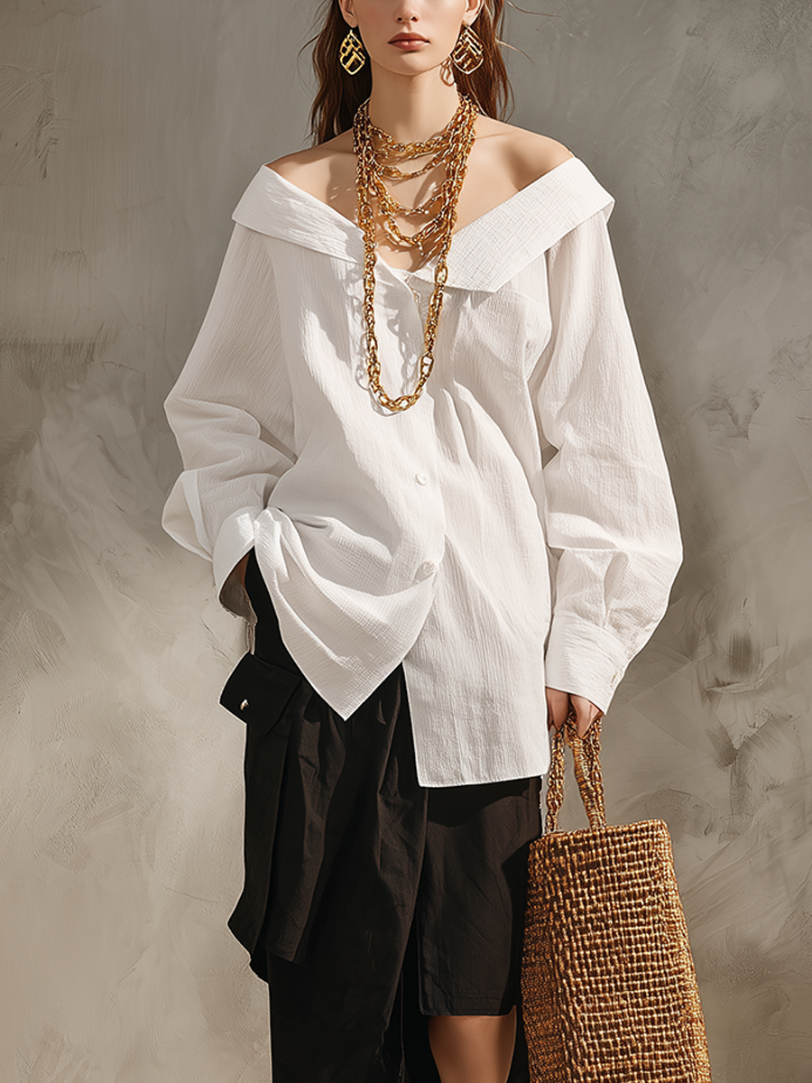 Minimalist White Shirt & Black Midi Skirt Set