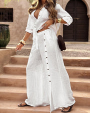 Linen-Blend Tie-Front Top & Wide-Leg Pants Set