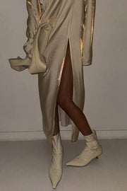 Glossy V-Neck Long Sleeve Slit Maxi Dress – Loose Fit
