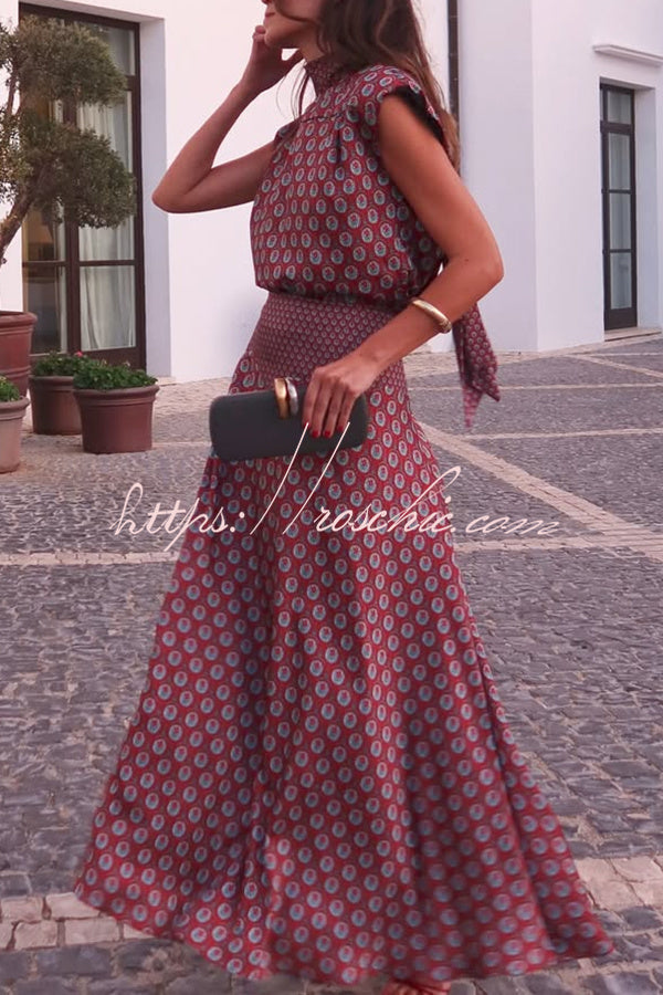 Satin High Neck Short Sleeve Top and High Rise Maxi Skirt Set