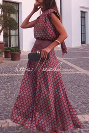 Satin High Neck Short Sleeve Top and High Rise Maxi Skirt Set
