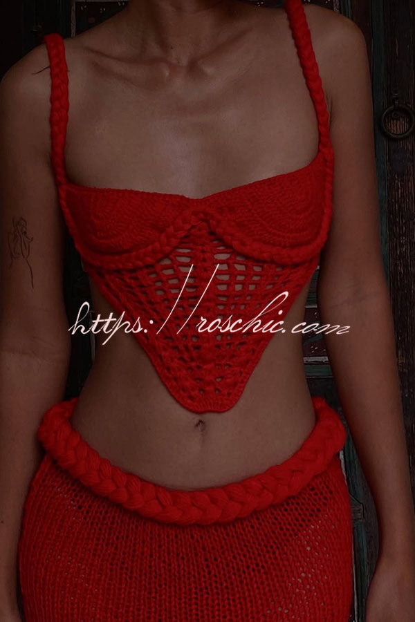 Crochet Knit Crop Tank Top with V-Hem & Braid Detail
