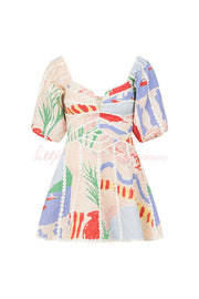 Linen Blend Puff Sleeve Mini Dress with Ric Rac Trims