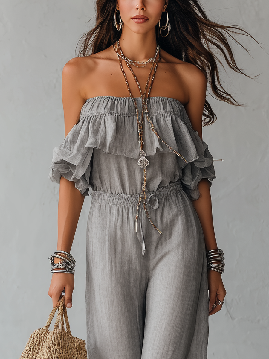 Gray Off-Shoulder Wide-Leg Jumpsuit with Ruffle Details