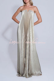 Metallic Pleated Off-Shoulder Maxi Dress with Asymmetric Hem