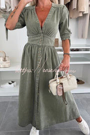 Denim Midi Dress V-Neck Button-Down Half Sleeve Loose Fit