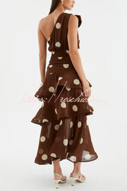 Polka Dot One-Shoulder Sleeveless Layered Mesh Maxi Dress