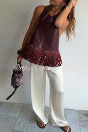 Faux Leather Halter Neck Sleeveless Top with Tassel Detail