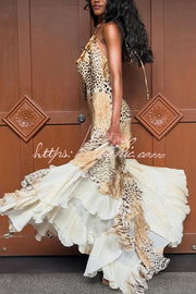 Coral Satin Leopard Print Halter Maxi Dress with Ruffle Hem