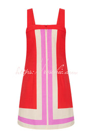 Linen Blend Square Neck Loose Mini Dress with Contrast Lines