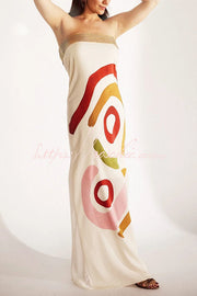 Pleated Print Strapless Maxi Dress with Metal Collar