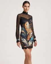 Lace-Trim Printed Mesh Mini Dress
