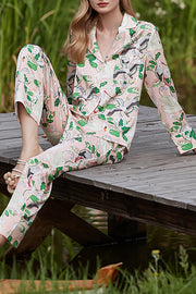 Swan Crane Printed Long Sleeve Two-Piece Set