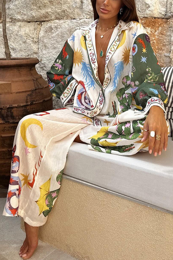 Bohemian Printed Long Sleeve Shirt and Pants Set