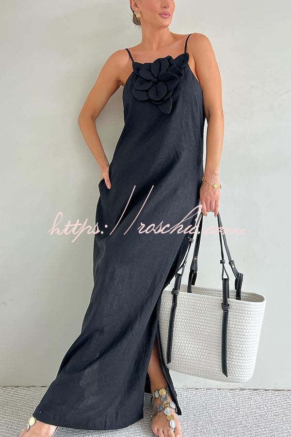 Linen Blend Floral Embellished Maxi Dress with Pockets & Slit