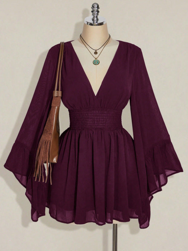 Gothic V-Neck Mini Dress - Long Sleeve Belted Fitted Dress