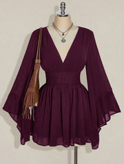 Gothic V-Neck Mini Dress - Long Sleeve Belted Fitted Dress