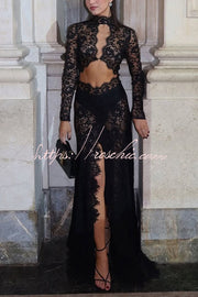 Sheer Lace Cutout Maxi Dress – Long Sleeve High Neck