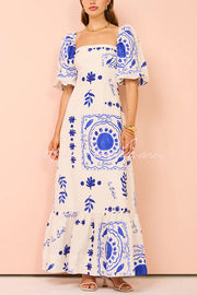 Sherbert Linen Blend Square Neck Bubble Sleeve Maxi Dress