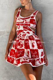 Holiday Print Ric Rac Trim Cutout Mini Dress