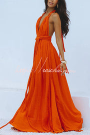 Linen Blend Halter Maxi Dress – Deep V Backless Cover Up