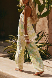 Printed Crochet Trim Camisole and Wide-Leg Pants Set