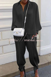 Cotton Blend Shirt Collar Top and Pant Set – Loose Fit