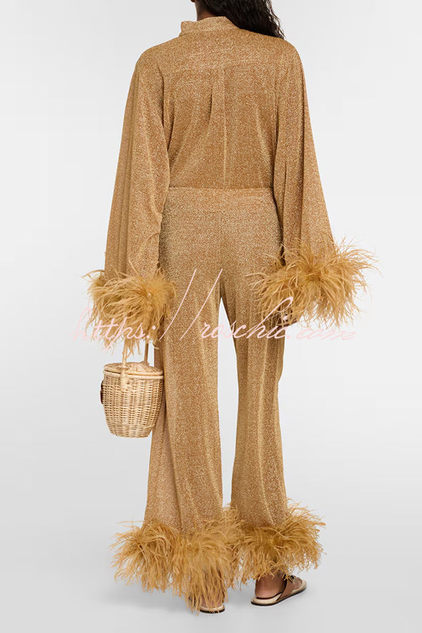 Glitter Feather Trim Two-Piece Lounge Set – Long Sleeve & Pants