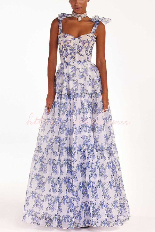Organza Floral Print Sweetheart Maxi Dress – Sleeveless