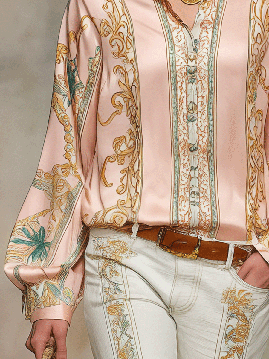 Bohemian Satin Print Long Sleeve Blouse
