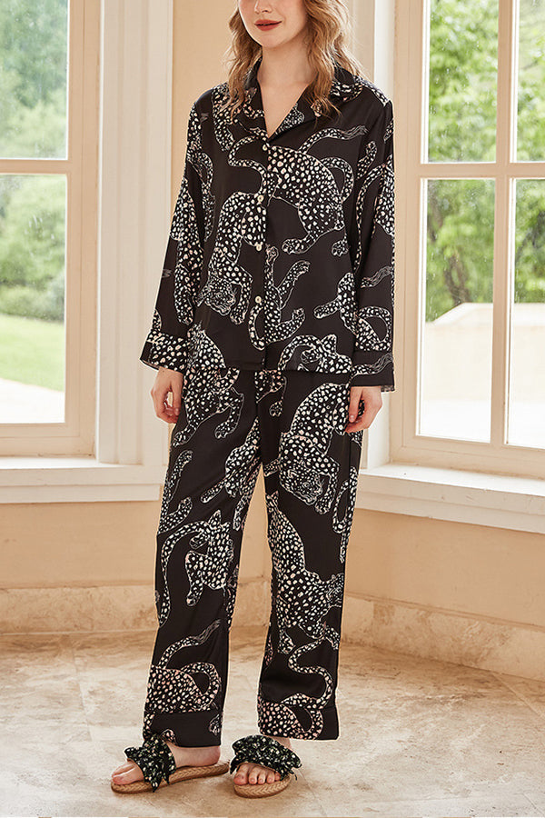 Black Jaguar Print Long Sleeve Two-Piece Lounge Set